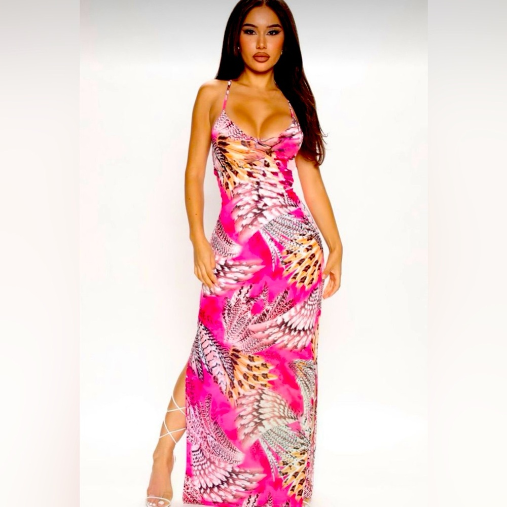 Grievercute Feather Print Maxi Dress Hot Pink Open Criss Cross Back Side Slits